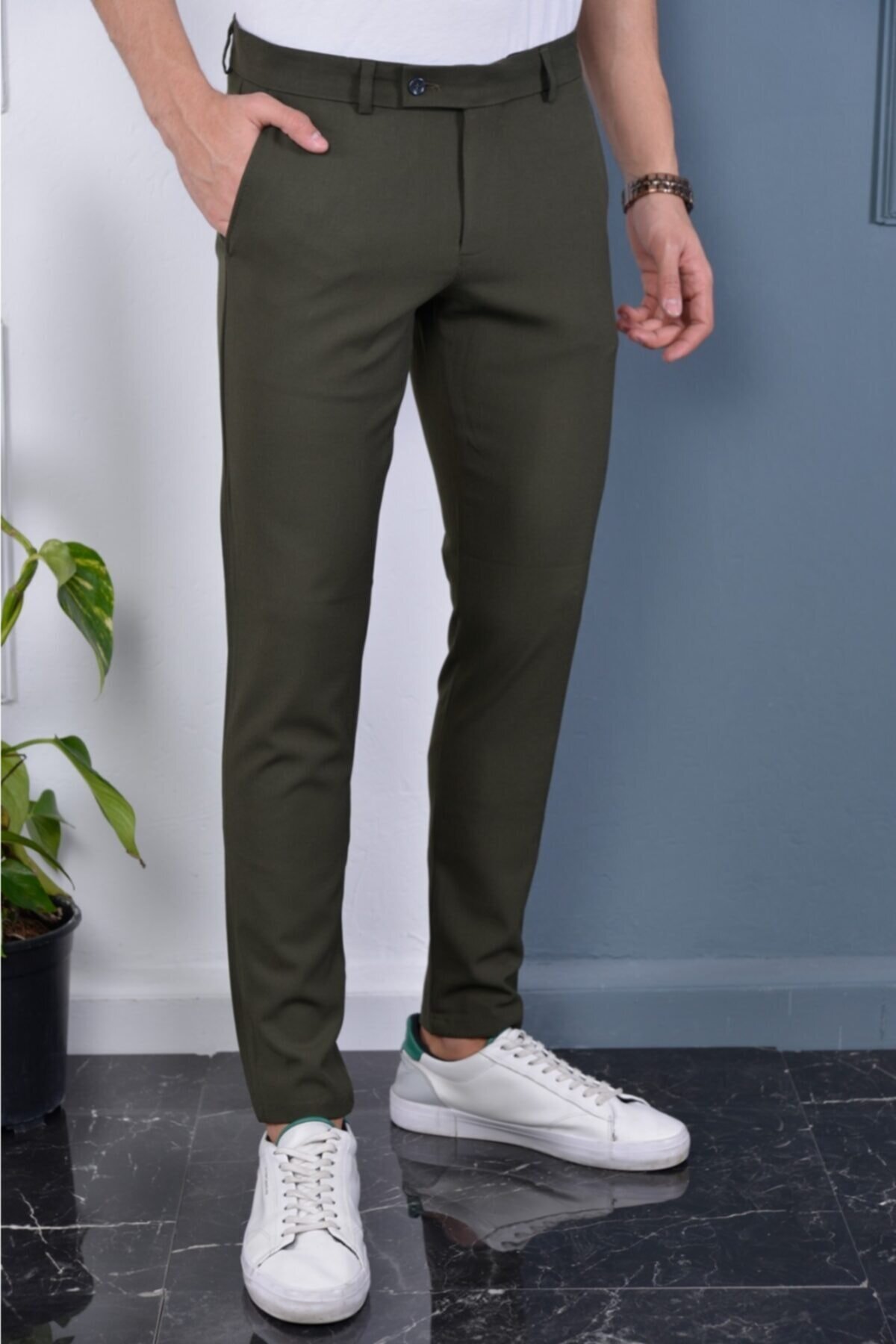 Erkek Haki Renk İtalyan Kesim Kaliteli Esnek Likralı Kumaş Pantolon